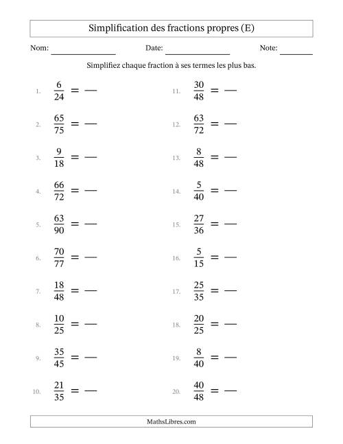 Simplifier fractions propres à ses termes les plus bas (Questions difficiles) (E)