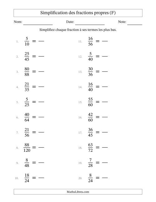 Simplifier fractions propres à ses termes les plus bas (Questions difficiles) (F)