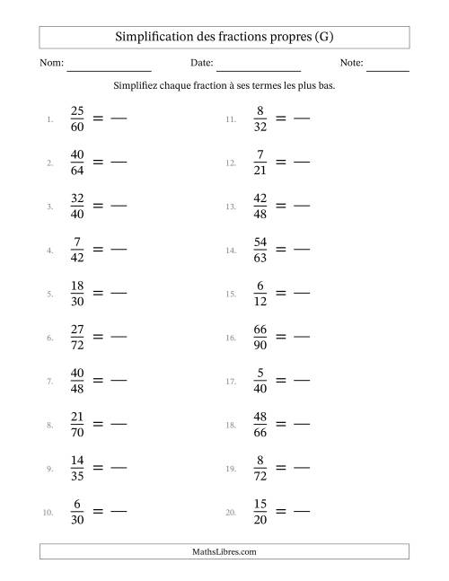 Simplifier fractions propres à ses termes les plus bas (Questions difficiles) (G)