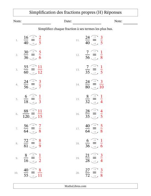 Simplifier fractions propres à ses termes les plus bas (Questions difficiles) (H) page 2
