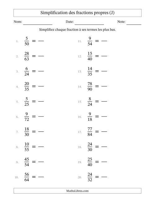 Simplifier fractions propres à ses termes les plus bas (Questions difficiles) (J)