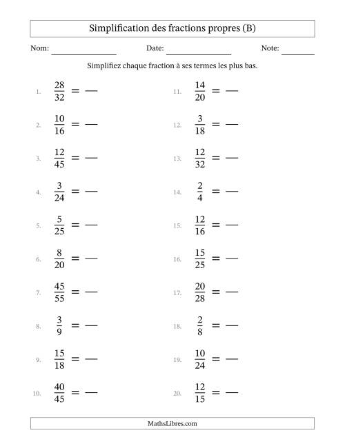 Simplifier fractions propres à ses termes les plus bas (Questions faciles) (B)