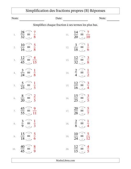 Simplifier fractions propres à ses termes les plus bas (Questions faciles) (B) page 2