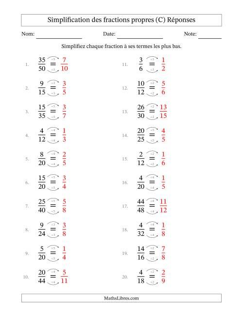 Simplifier fractions propres à ses termes les plus bas (Questions faciles) (C) page 2