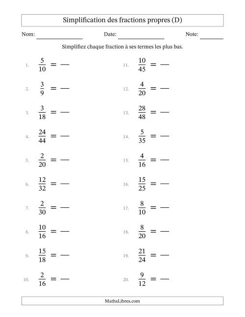 Simplifier fractions propres à ses termes les plus bas (Questions faciles) (D)