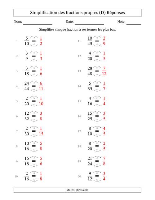 Simplifier fractions propres à ses termes les plus bas (Questions faciles) (D) page 2