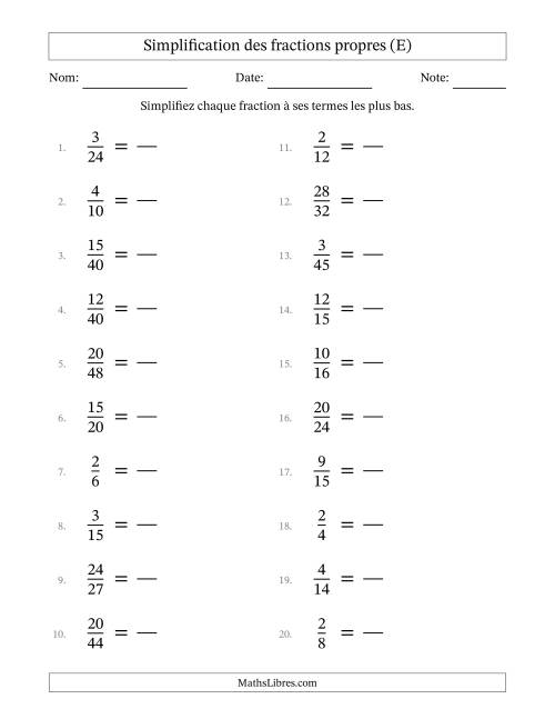 Simplifier fractions propres à ses termes les plus bas (Questions faciles) (E)