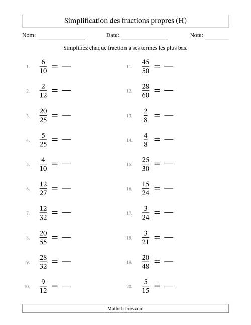 Simplifier fractions propres à ses termes les plus bas (Questions faciles) (H)