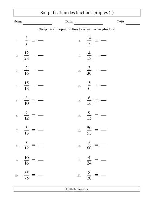 Simplifier fractions propres à ses termes les plus bas (Questions faciles) (I)