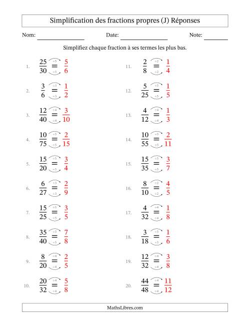 Simplifier fractions propres à ses termes les plus bas (Questions faciles) (J) page 2