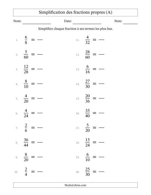 Simplifier fractions propres à ses termes les plus bas (Questions faciles) (Tout)