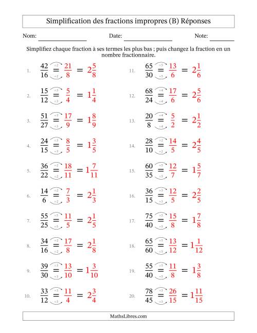 Simplifier fractions impropres à ses termes les plus bas (Questions faciles) (B) page 2