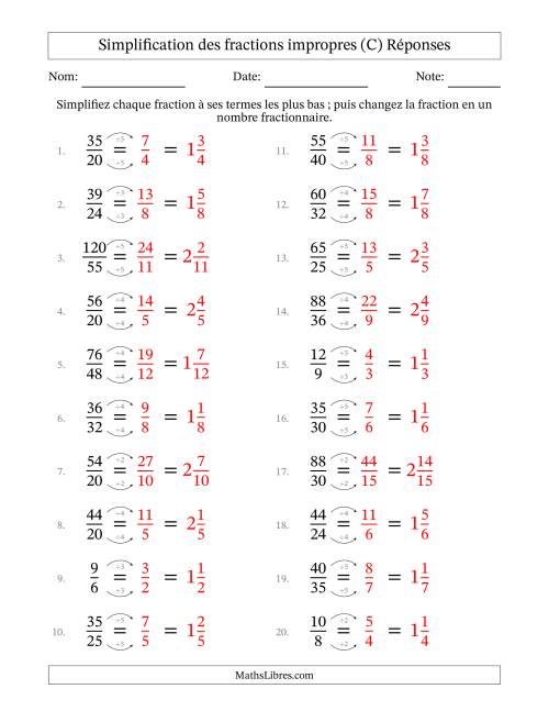 Simplifier fractions impropres à ses termes les plus bas (Questions faciles) (C) page 2