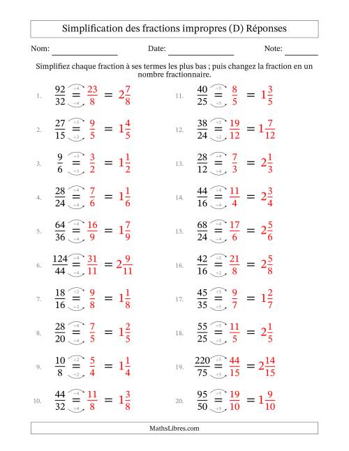 Simplifier fractions impropres à ses termes les plus bas (Questions faciles) (D) page 2