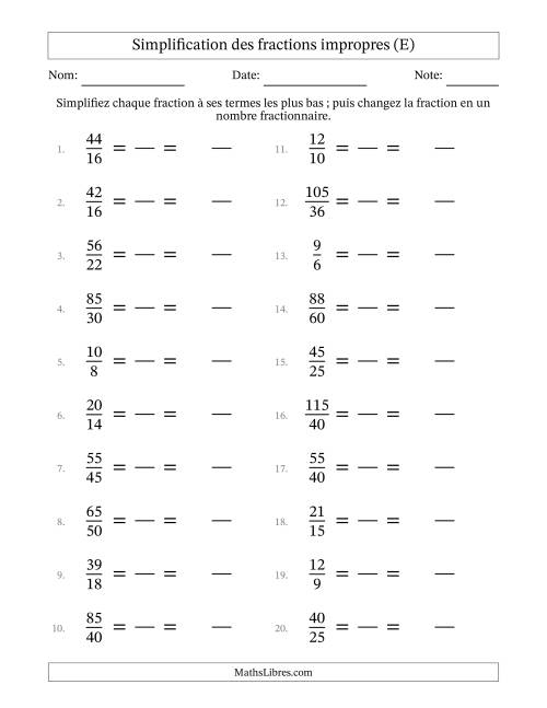 Simplifier fractions impropres à ses termes les plus bas (Questions faciles) (E)