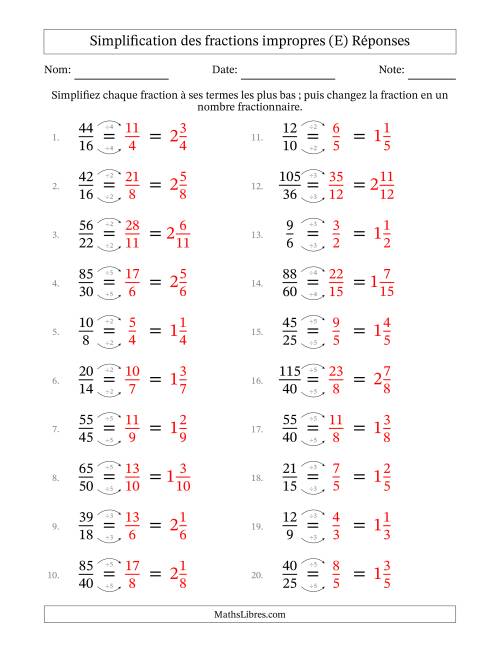 Simplifier fractions impropres à ses termes les plus bas (Questions faciles) (E) page 2
