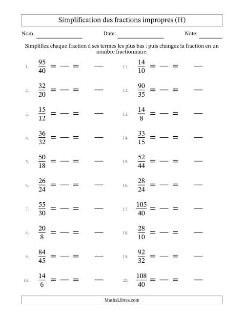 Simplifier fractions impropres à ses termes les plus bas (Questions faciles) (H)