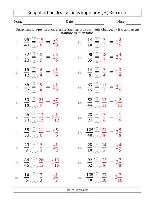 Simplifier fractions impropres à ses termes les plus bas (Questions faciles) (H) page 2