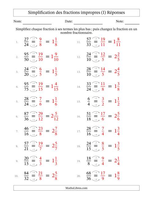Simplifier fractions impropres à ses termes les plus bas (Questions faciles) (I) page 2