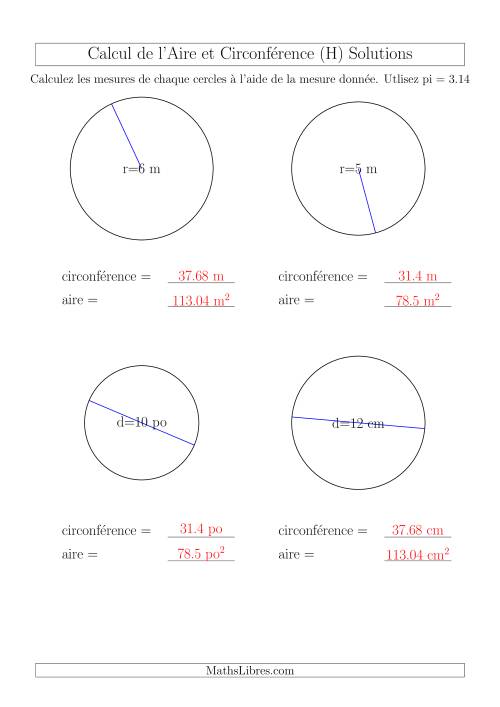 Calcul de l'Aire & Circonférence à Partir de la Diamètre (H) page 2