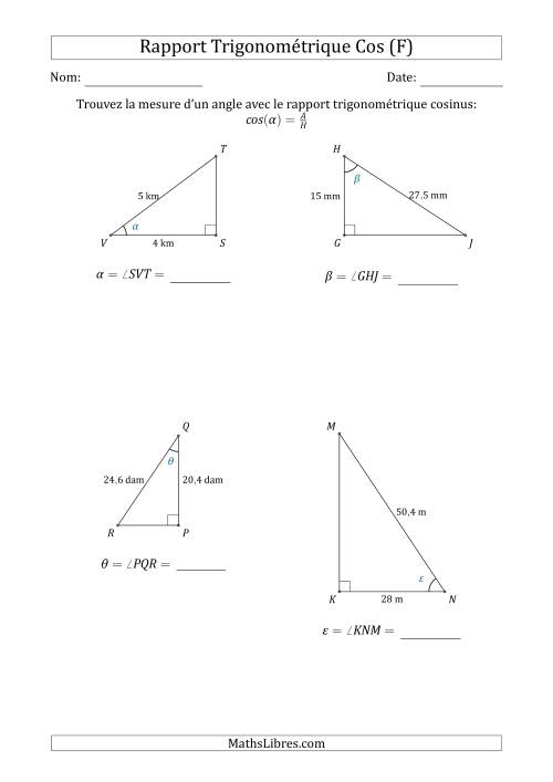 Calcul de la Mesure d'un Angle Avec le Rapport Trigonométrique Cosinus (F)