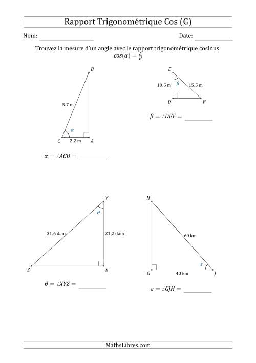 Calcul de la Mesure d'un Angle Avec le Rapport Trigonométrique Cosinus (G)