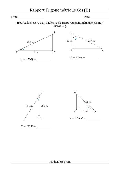 Calcul de la Mesure d'un Angle Avec le Rapport Trigonométrique Cosinus (H)