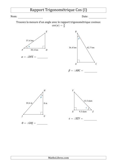 Calcul de la Mesure d'un Angle Avec le Rapport Trigonométrique Cosinus (I)