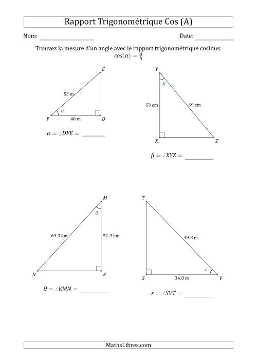 Calcul de la Mesure d'un Angle Avec le Rapport Trigonométrique Cosinus (Tout)