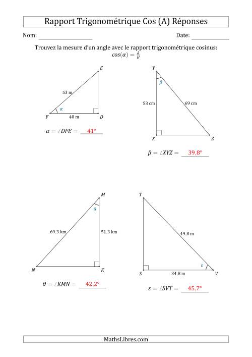 Calcul de la Mesure d'un Angle Avec le Rapport Trigonométrique Cosinus (Tout) page 2