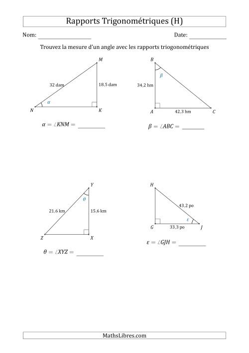 Calcul de la Mesure d'un Angle Avec les Rapports Trigonométriques (H)