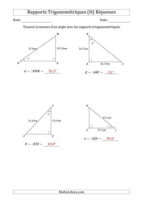 Calcul de la Mesure d'un Angle Avec les Rapports Trigonométriques (H) page 2