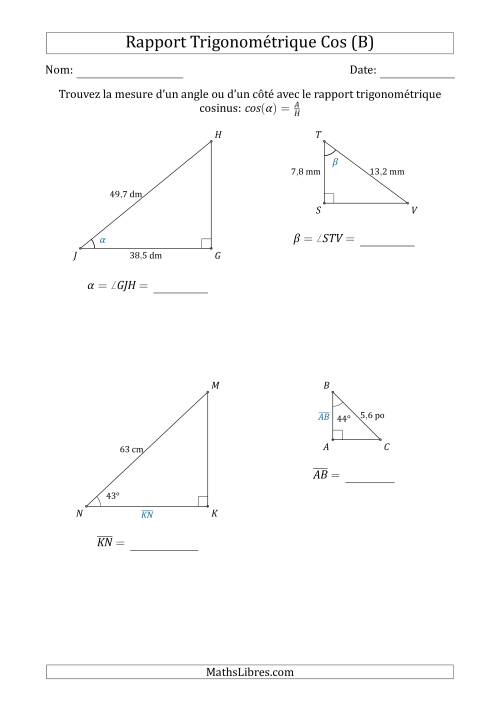 Calcul de la Mesure d'un Angle ou d'un Côté Avec le Rapport Trigonométrique Cosinus (B)