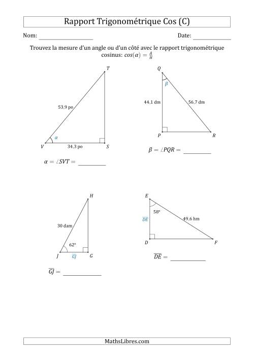 Calcul de la Mesure d'un Angle ou d'un Côté Avec le Rapport Trigonométrique Cosinus (C)