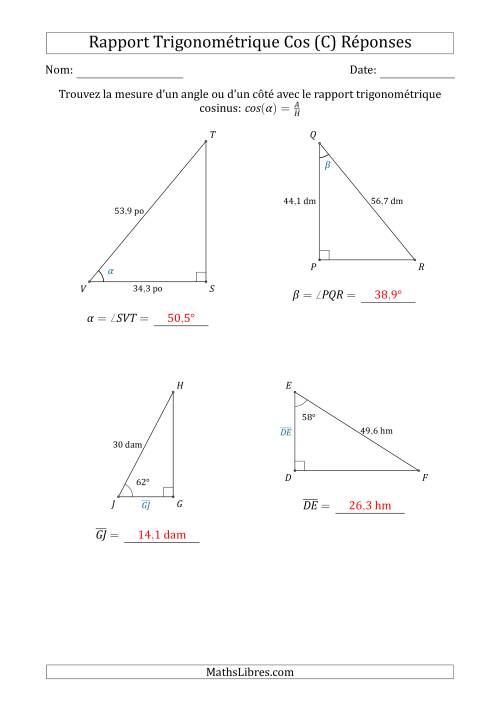 Calcul de la Mesure d'un Angle ou d'un Côté Avec le Rapport Trigonométrique Cosinus (C) page 2