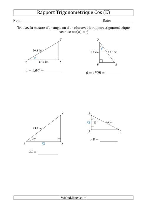 Calcul de la Mesure d'un Angle ou d'un Côté Avec le Rapport Trigonométrique Cosinus (E)