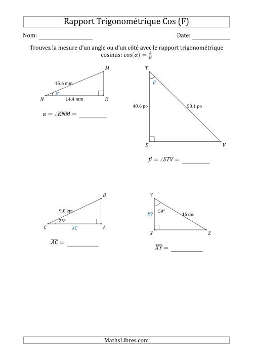 Calcul de la Mesure d'un Angle ou d'un Côté Avec le Rapport Trigonométrique Cosinus (F)