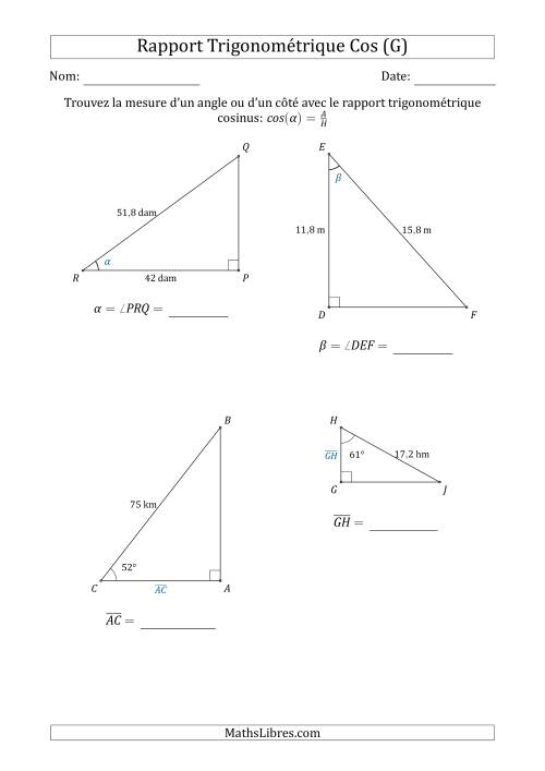 Calcul de la Mesure d'un Angle ou d'un Côté Avec le Rapport Trigonométrique Cosinus (G)