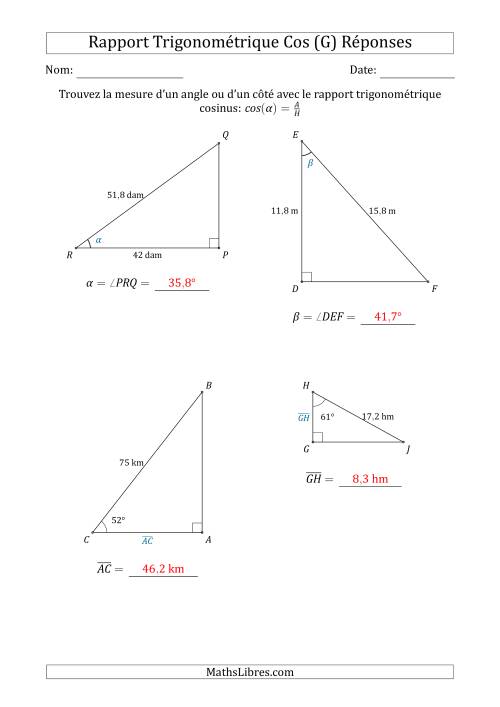 Calcul de la Mesure d'un Angle ou d'un Côté Avec le Rapport Trigonométrique Cosinus (G) page 2