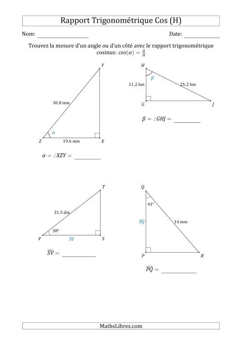 Calcul de la Mesure d'un Angle ou d'un Côté Avec le Rapport Trigonométrique Cosinus (H)