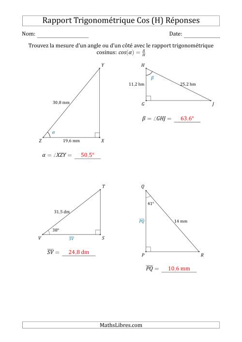 Calcul de la Mesure d'un Angle ou d'un Côté Avec le Rapport Trigonométrique Cosinus (H) page 2