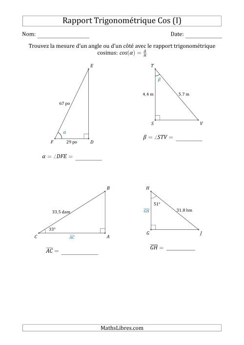 Calcul de la Mesure d'un Angle ou d'un Côté Avec le Rapport Trigonométrique Cosinus (I)