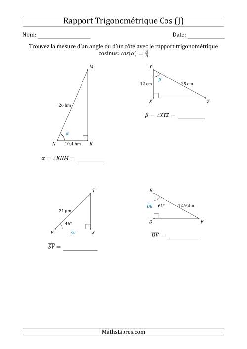 Calcul de la Mesure d'un Angle ou d'un Côté Avec le Rapport Trigonométrique Cosinus (J)