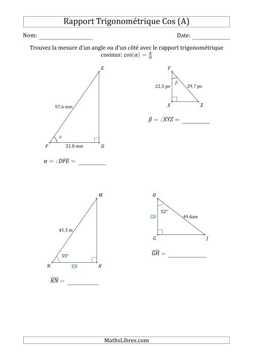 Calcul de la Mesure d'un Angle ou d'un Côté Avec le Rapport Trigonométrique Cosinus (Tout)