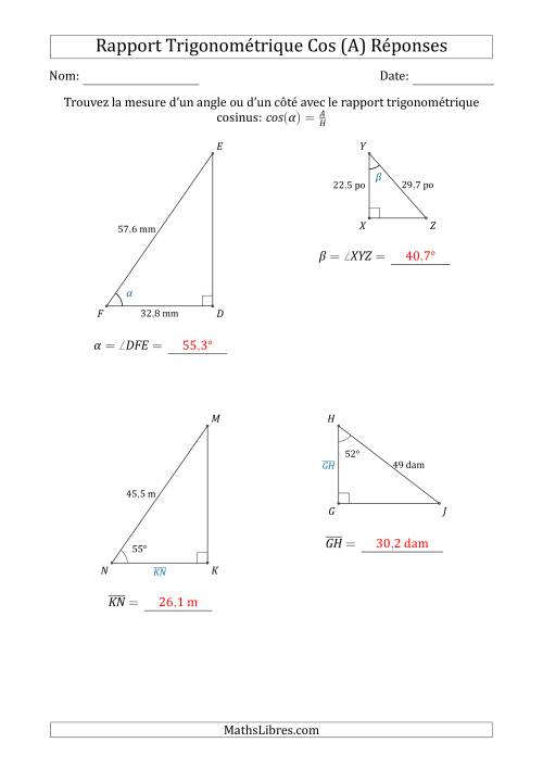 Calcul de la Mesure d'un Angle ou d'un Côté Avec le Rapport Trigonométrique Cosinus (Tout) page 2