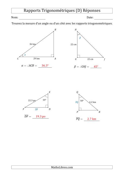 Calcul de la Mesure d'un Angle ou d'un Côté Avec les Rapports Trigonométriques (D) page 2