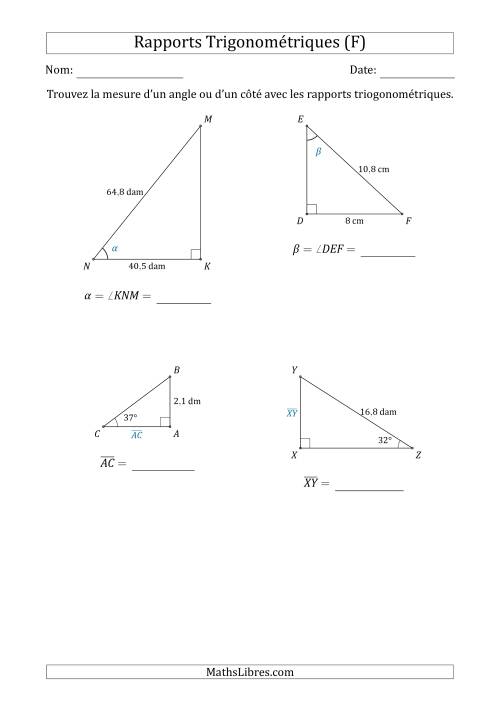 Calcul de la Mesure d'un Angle ou d'un Côté Avec les Rapports Trigonométriques (F)