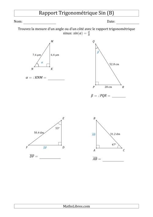 Calcul de la Mesure d'un Angle ou d'un Côté Avec le Rapport Trigonométrique Sinus (B)
