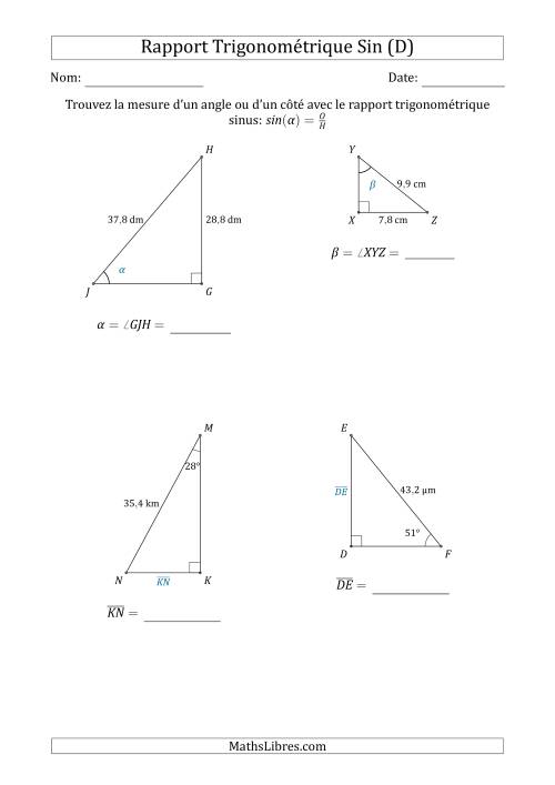Calcul de la Mesure d'un Angle ou d'un Côté Avec le Rapport Trigonométrique Sinus (D)