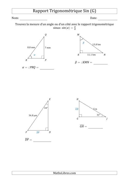 Calcul de la Mesure d'un Angle ou d'un Côté Avec le Rapport Trigonométrique Sinus (G)